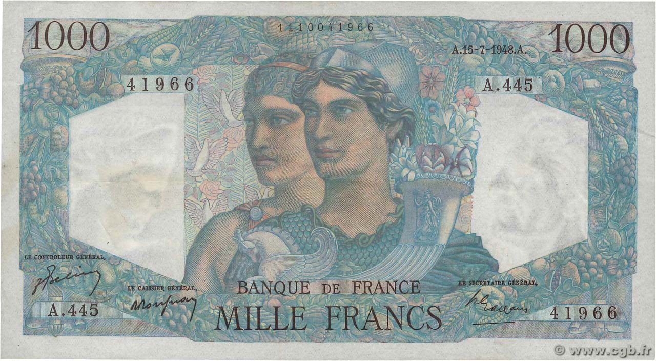 1000 Francs MINERVE ET HERCULE FRANKREICH  1948 F.41.22 fVZ