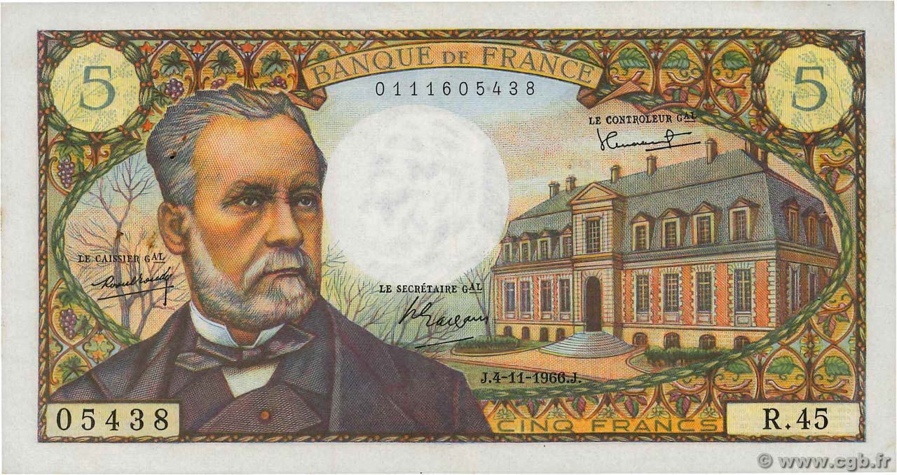 5 Francs PASTEUR FRANCIA  1966 F.61.04 EBC