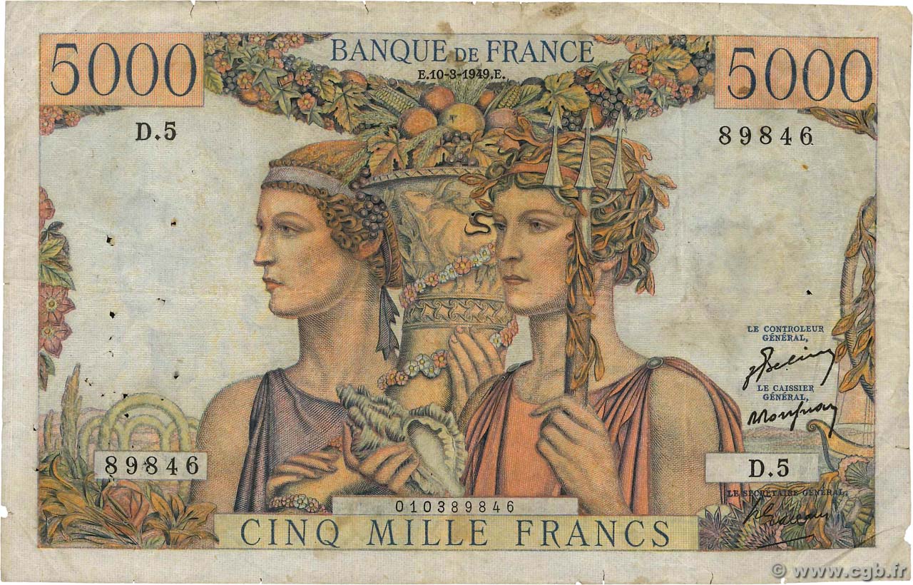 5000 Francs Terre Et Mer 10-3-1949 Etat TB+ E.5