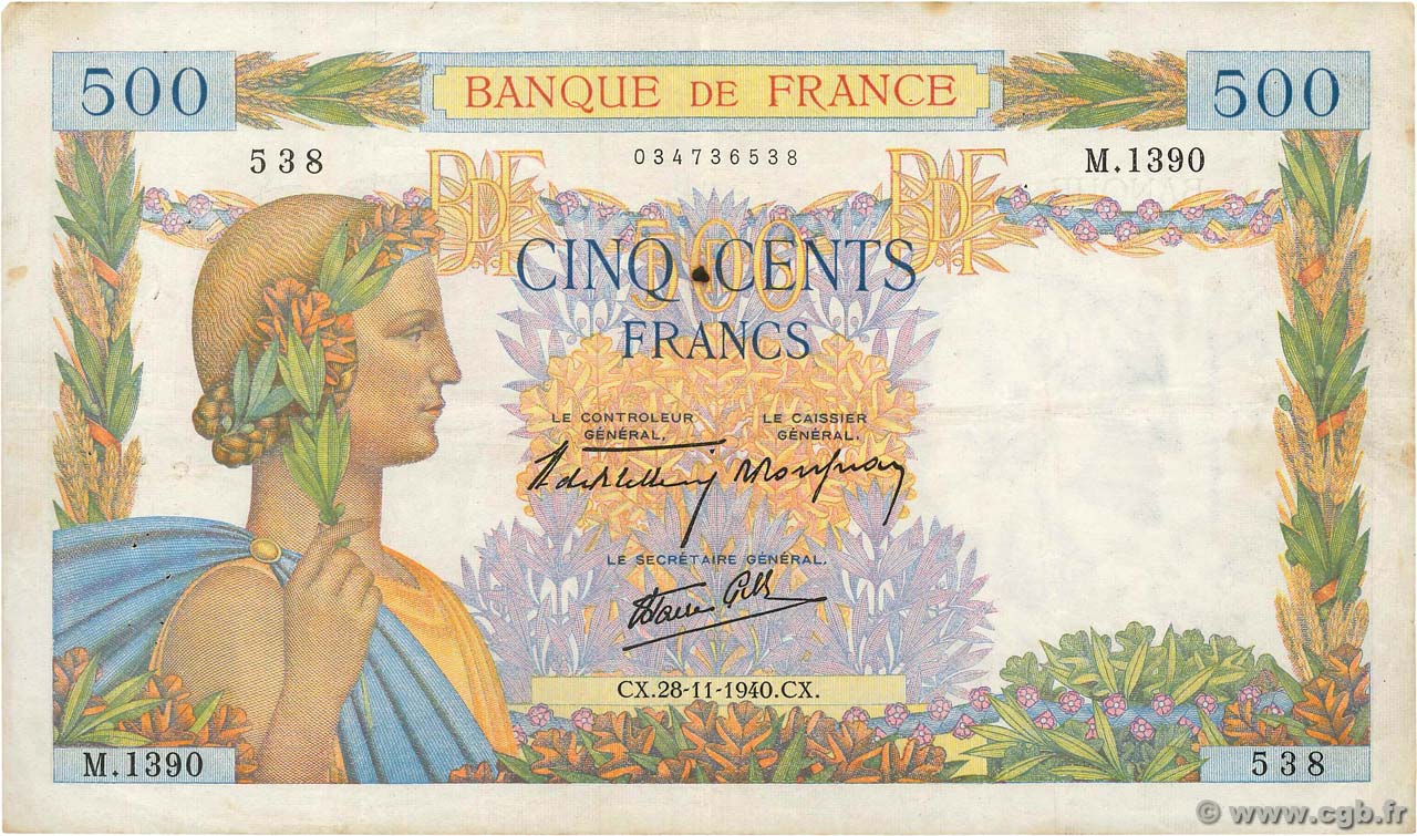 500 Francs LA PAIX FRANCE  1940 F.32.09 pr.TTB