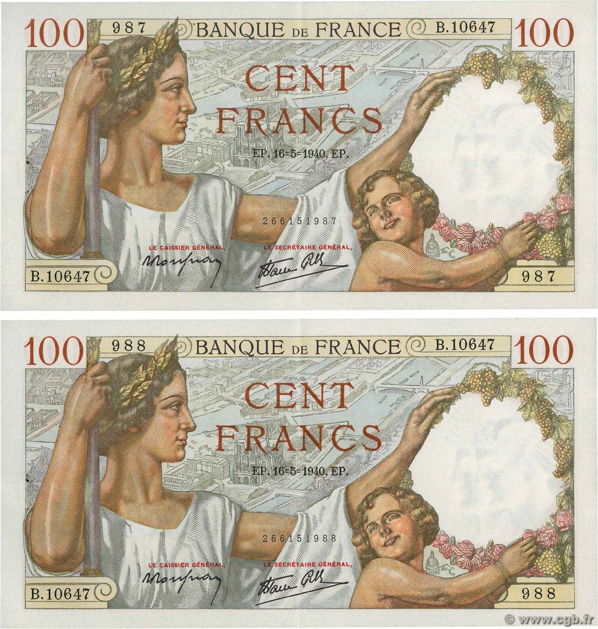 100 Francs SULLY Consécutifs FRANCIA  1940 F.26.29 SPL+