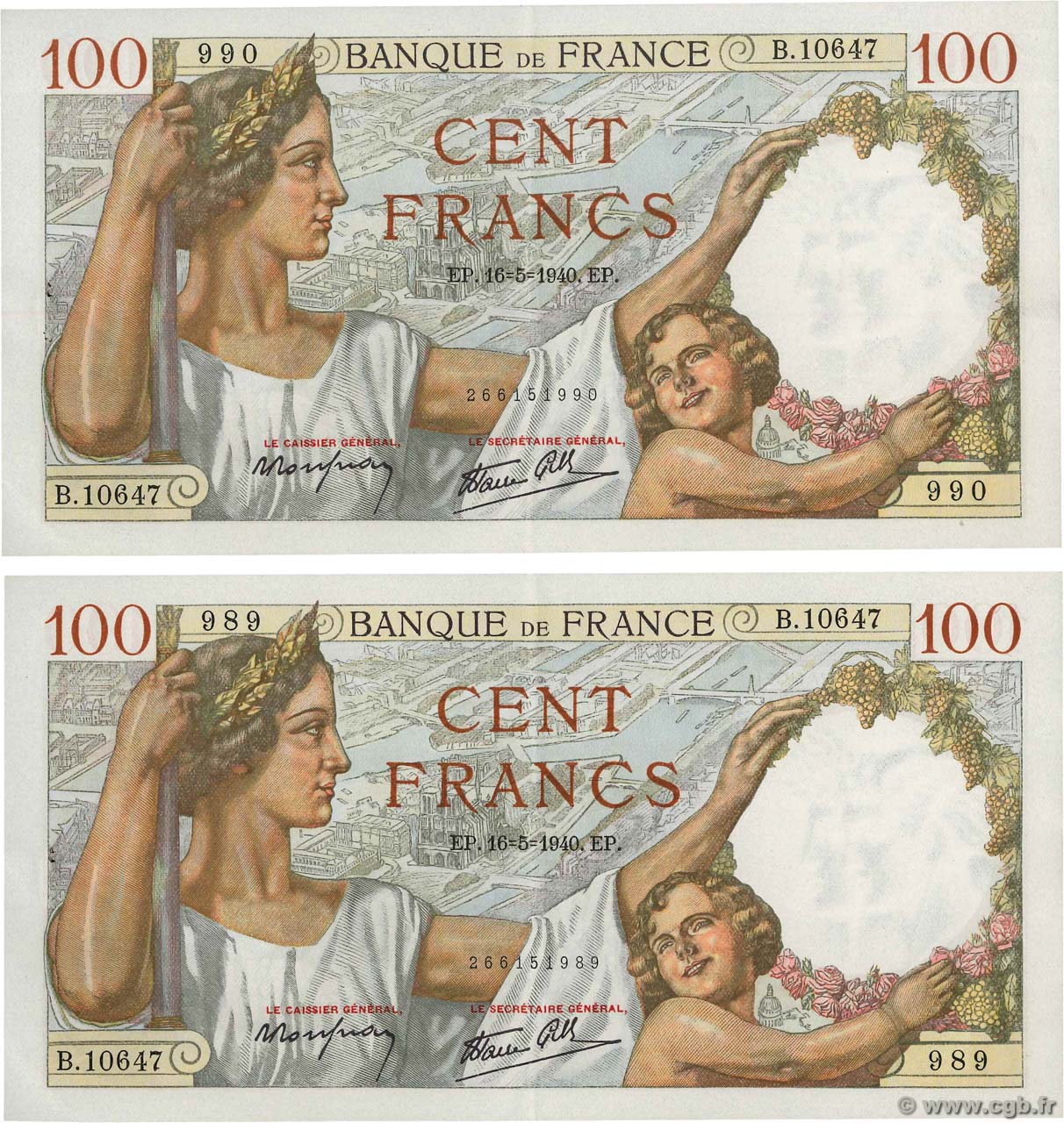 100 Francs SULLY Consécutifs FRANCIA  1940 F.26.29 EBC+