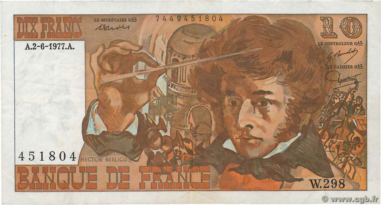 10 Francs BERLIOZ FRANCE  1977 F.63.22 VF