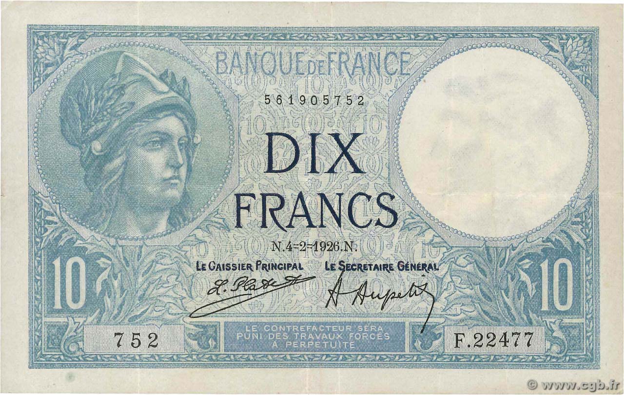 10 Francs MINERVE FRANCE  1926 F.06.10 VF-