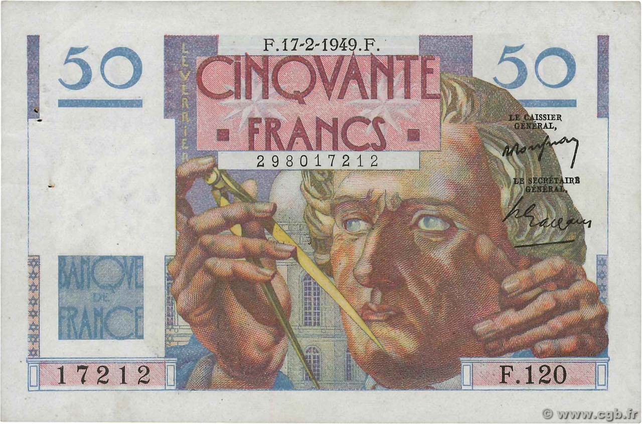 50 Francs LE VERRIER FRANCE  1949 F.20.11 VF-