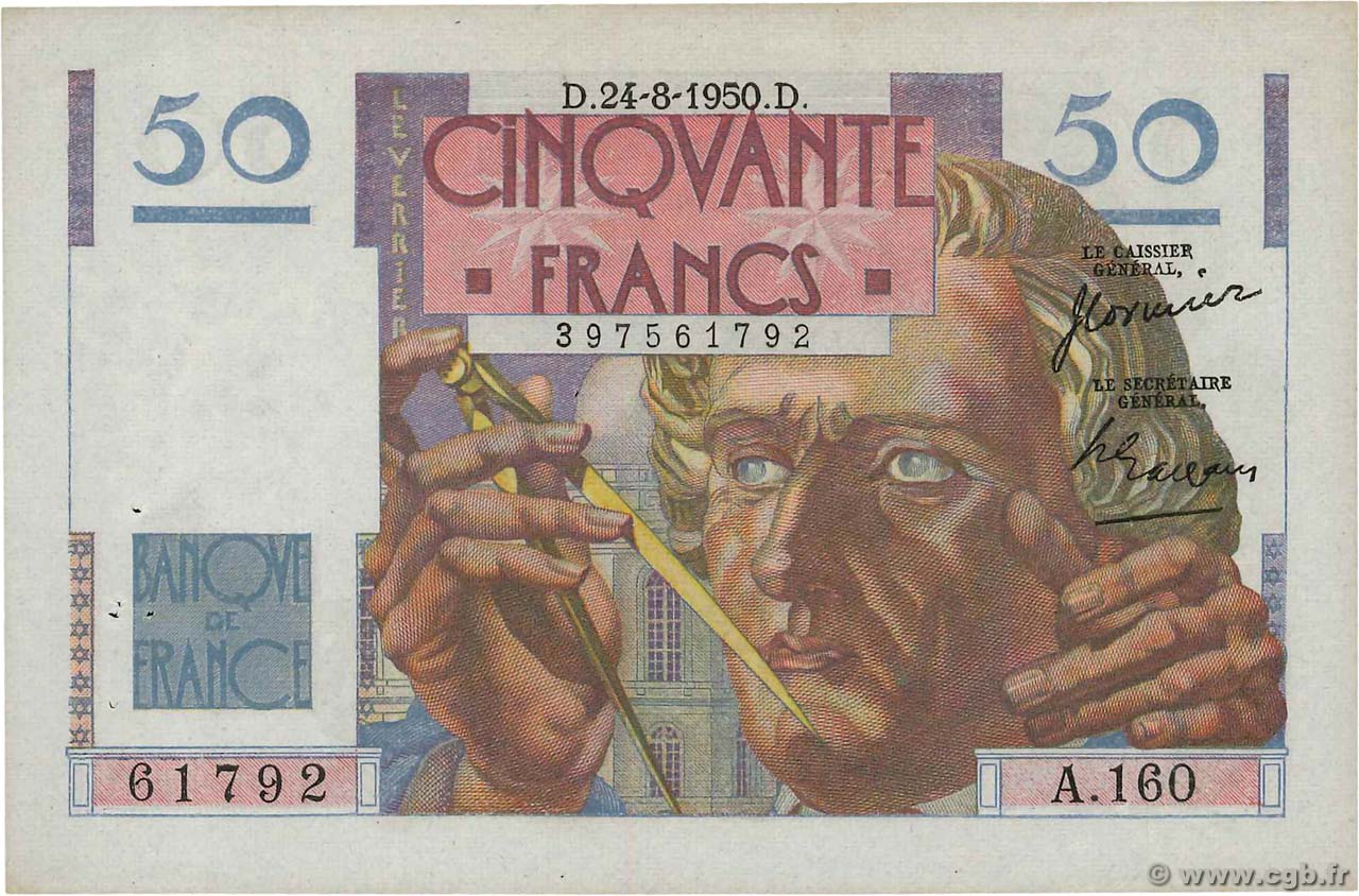 50 Francs LE VERRIER FRANCIA  1950 F.20.16 q.SPL