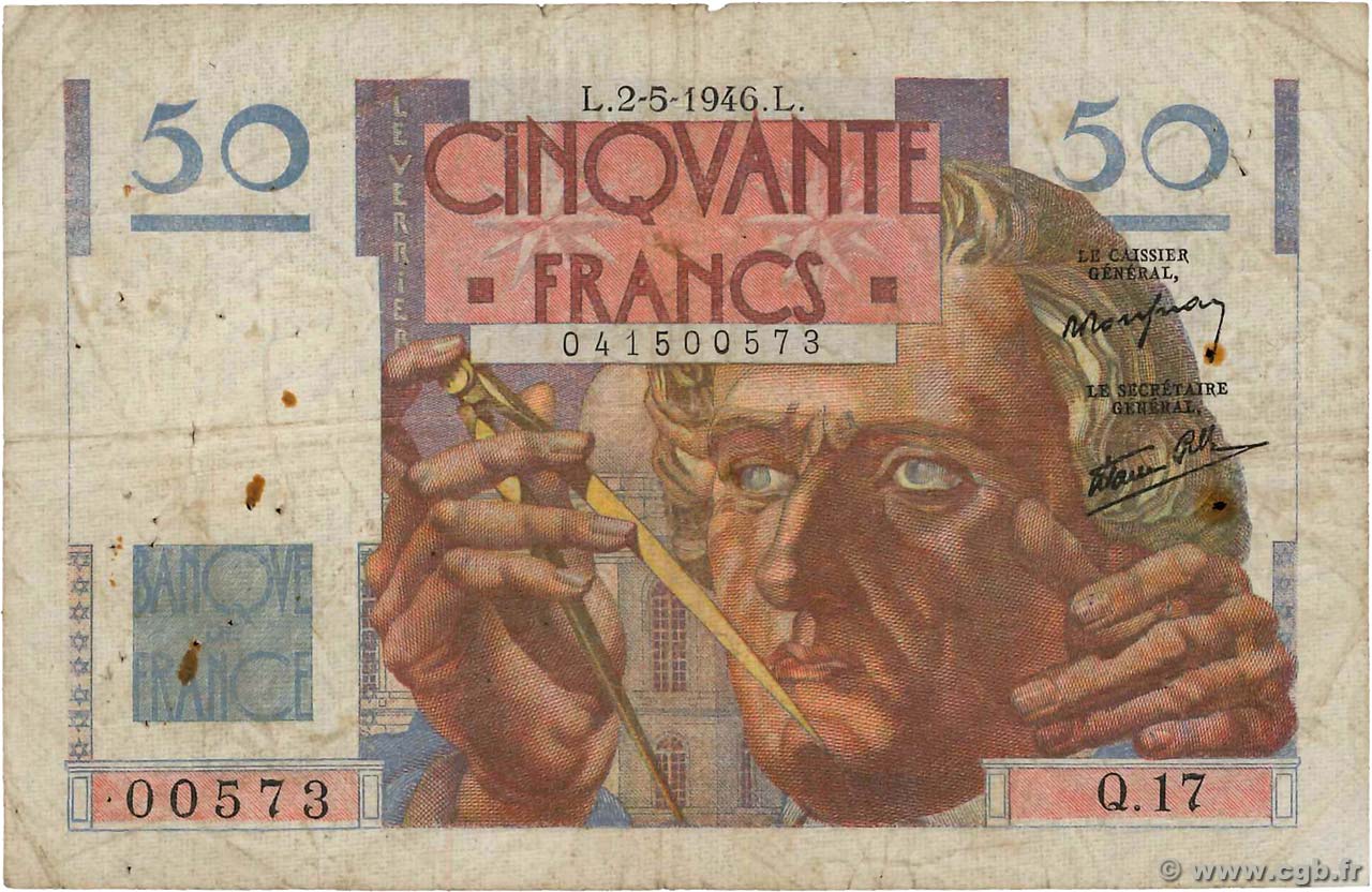 50 Francs LE VERRIER FRANCE  1946 F.20.03 G
