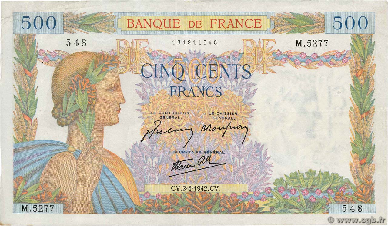 500 Francs LA PAIX FRANCE  1942 F.32.33 VF