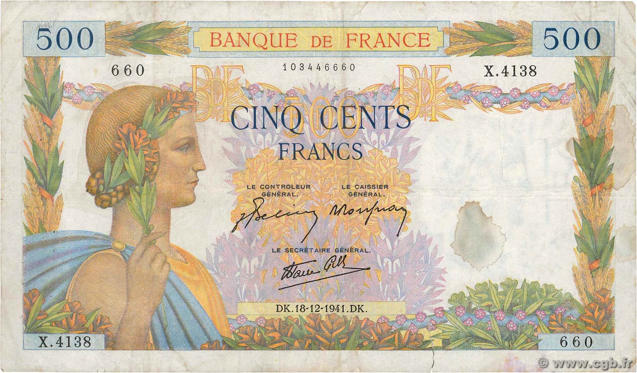 500 Francs LA PAIX FRANKREICH  1941 F.32.25 S