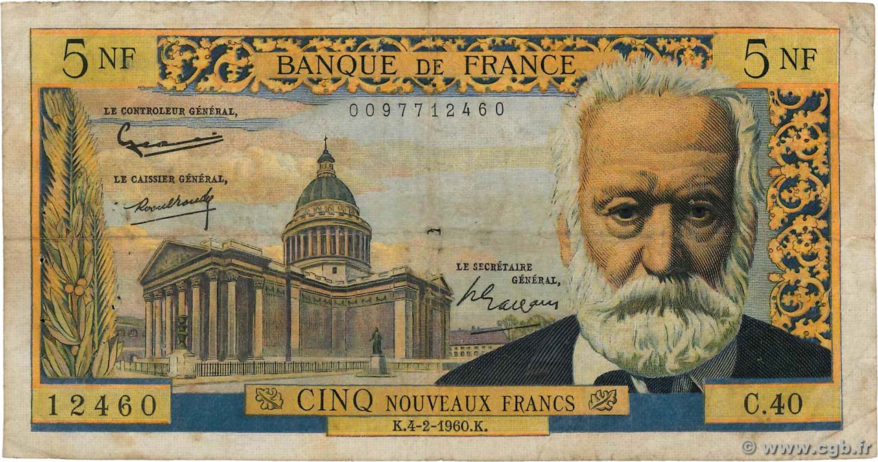 5 Nouveaux Francs VICTOR HUGO FRANCE  1960 F.56.05 G