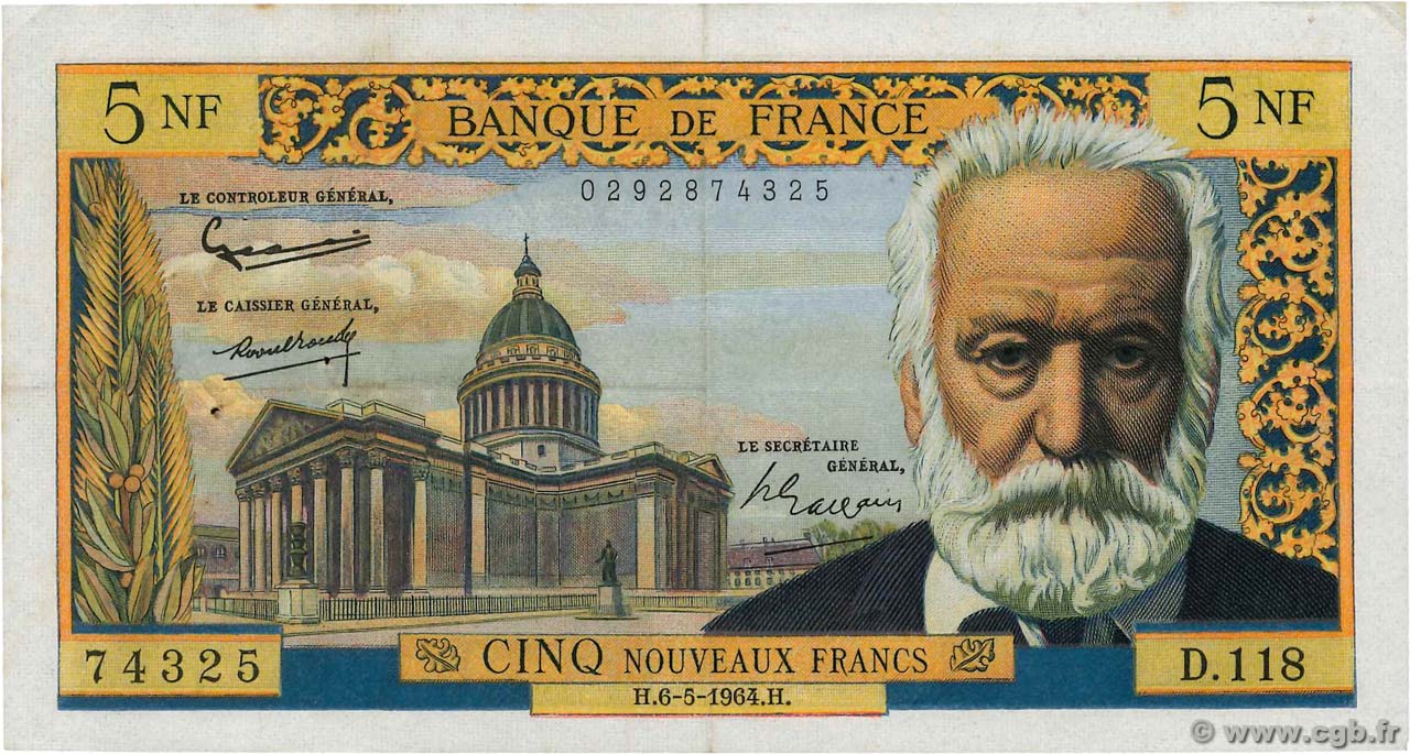 5 Nouveaux Francs VICTOR HUGO FRANCIA  1964 F.56.15 BB