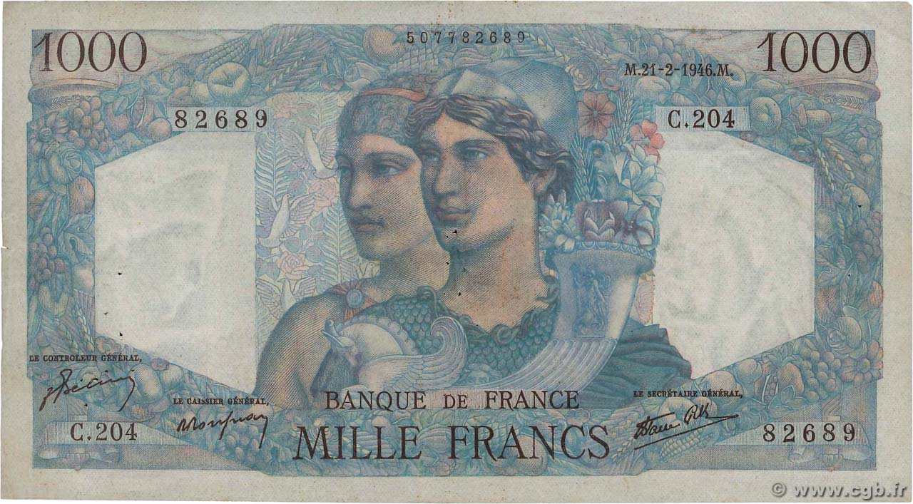 1000 Francs MINERVE ET HERCULE FRANCE  1946 F.41.11 VF-