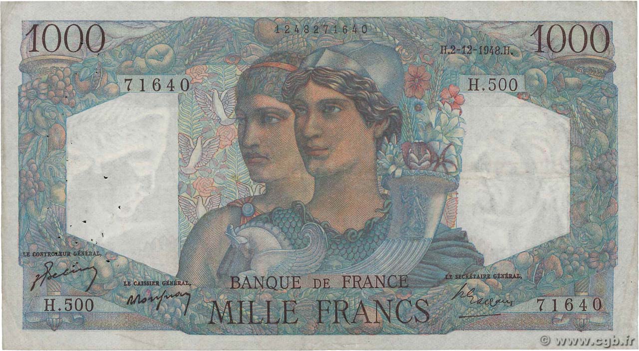 1000 Francs MINERVE ET HERCULE FRANCE  1948 F.41.24 VF-