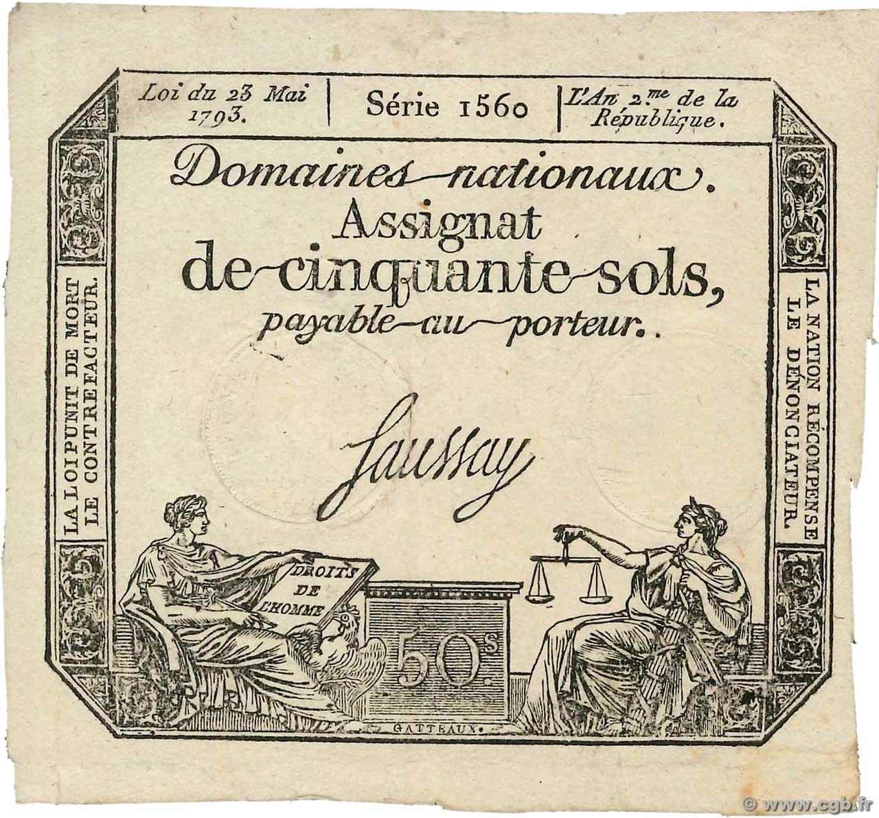 50 Sols variété FRANCE  1793 Ass.42b pr.TTB
