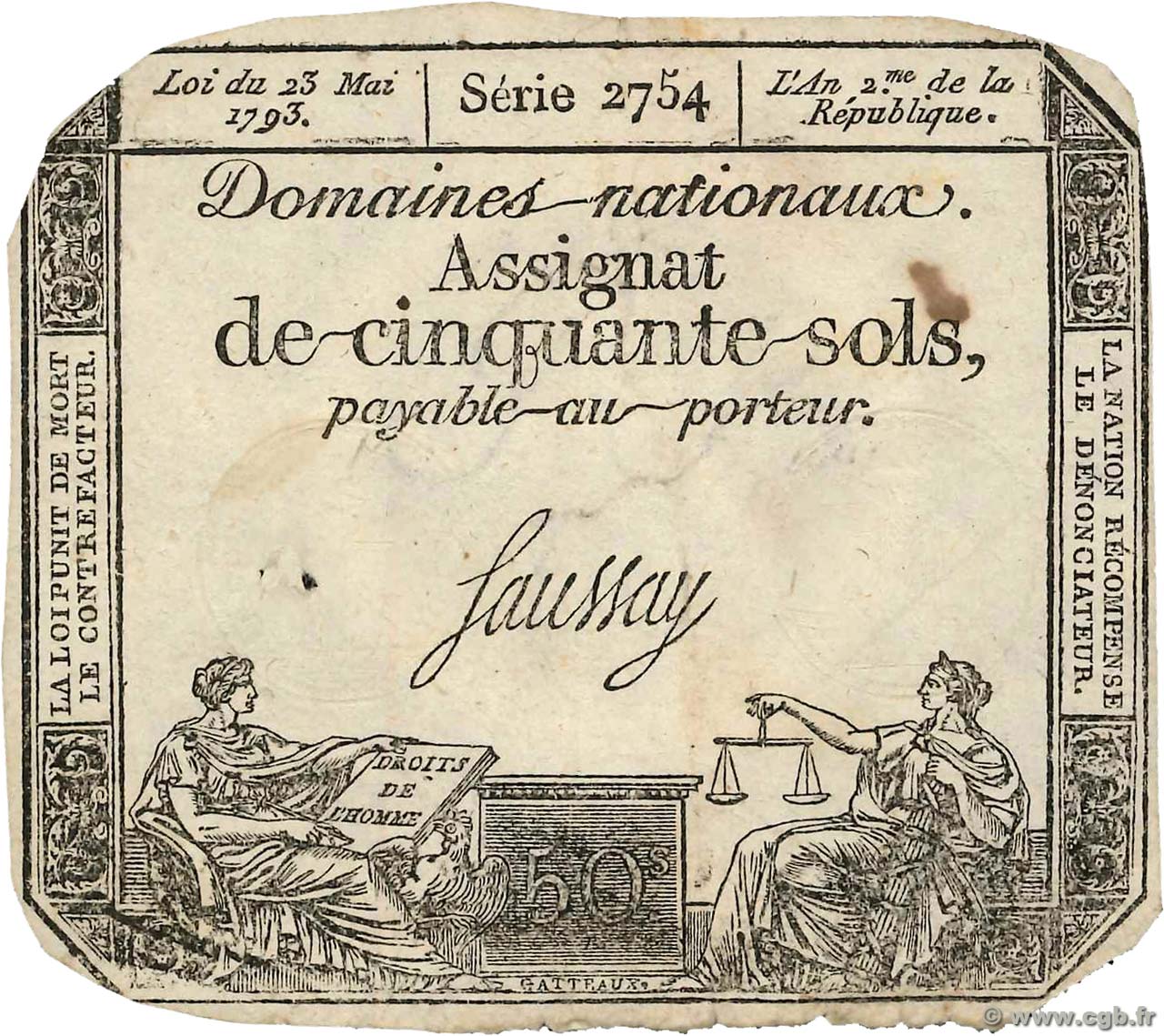 50 Sols FRANCE 1793 Ass.42c b91_5101 Banknotes