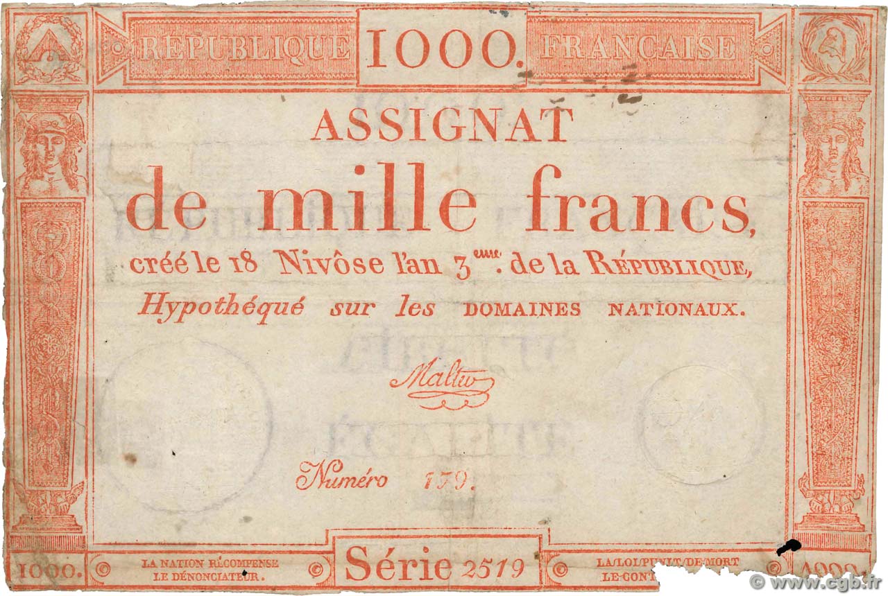 1000 Francs FRANCE  1795 Ass.50a VG