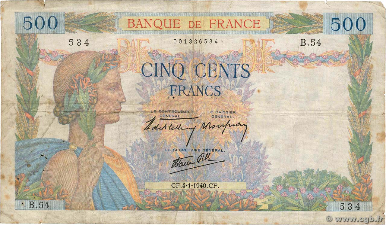 500 Francs LA PAIX FRANKREICH  1940 F.32.01 S