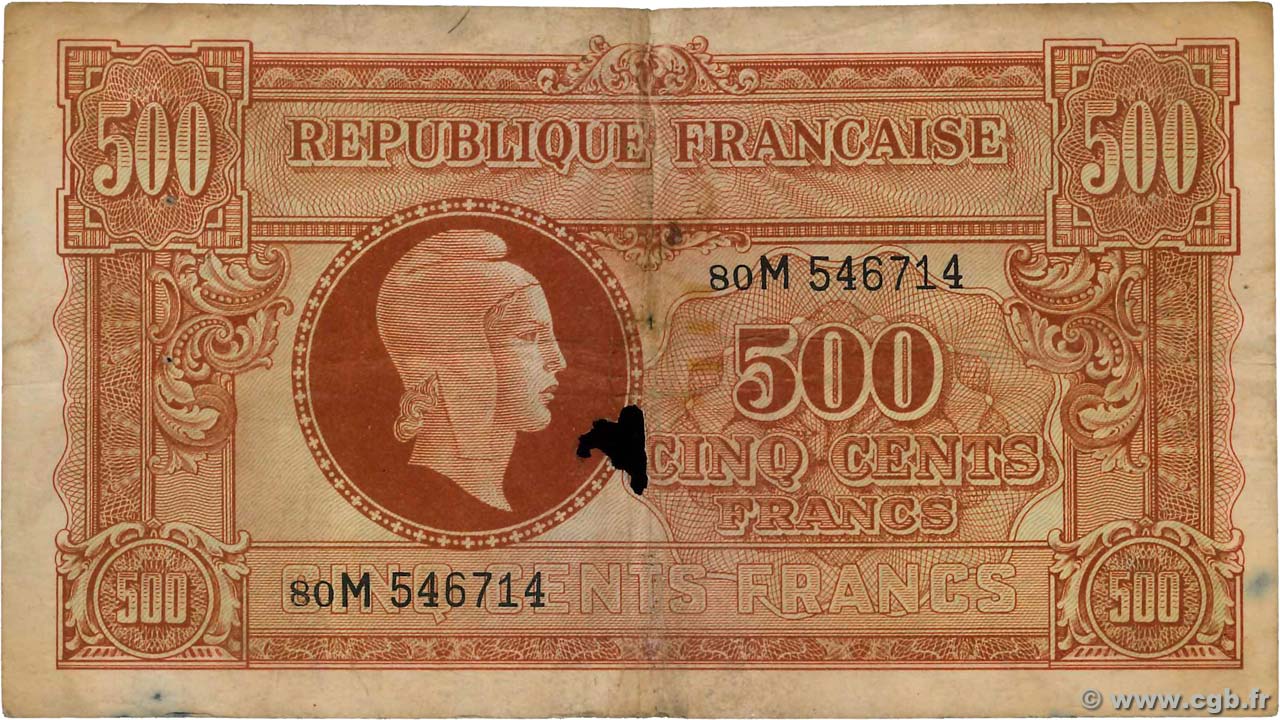 500 Francs MARIANNE fabrication anglaise FRANCIA  1945 VF.11.02 q.MB