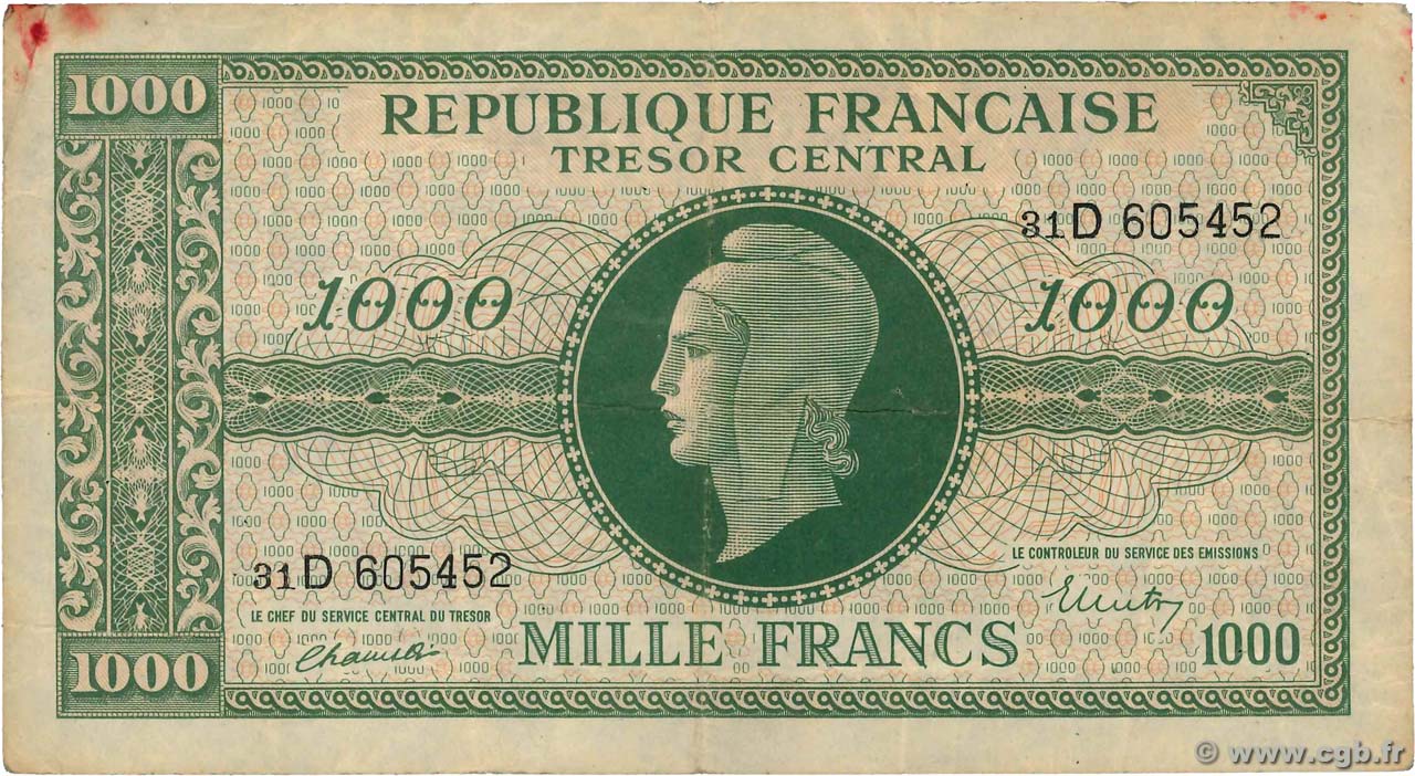1000 Francs MARIANNE THOMAS DE LA RUE FRANCE  1945 VF.13.01 TB