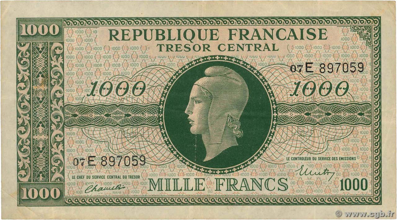 1000 Francs MARIANNE THOMAS DE LA RUE FRANCE  1945 VF.13.02 VF-