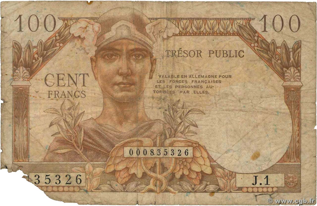100 Francs TRÉSOR PUBLIC FRANCIA  1955 VF.34.01 MC