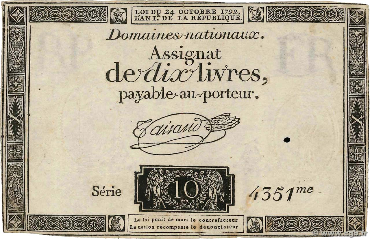 10 Livres filigrane républicain FRANCE  1792 Ass.36b VF-