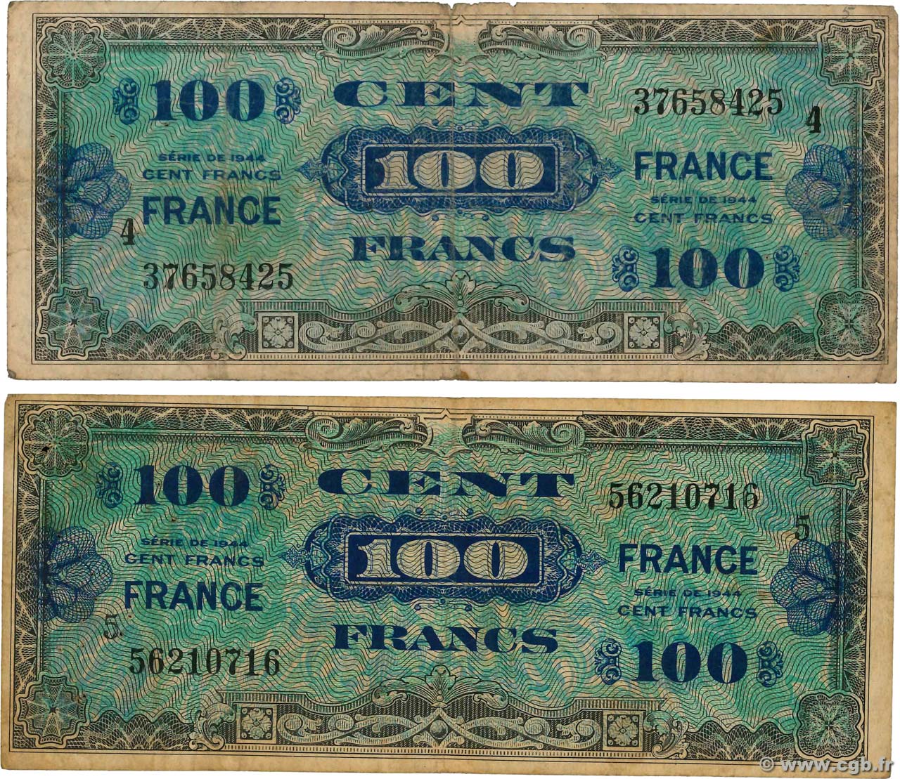 100 Francs FRANCE Lot FRANKREICH  1945 VF.25.04/05 SGE