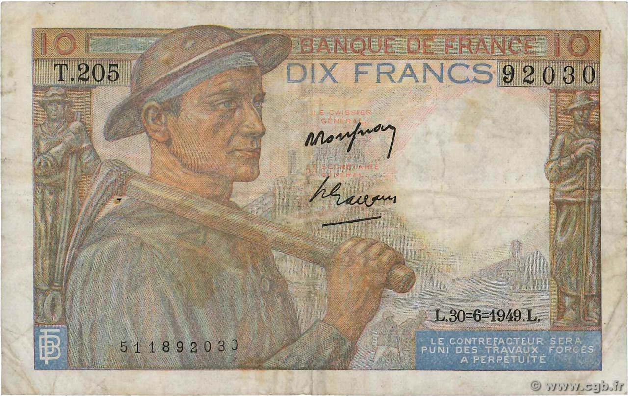 10 Francs MINEUR FRANCIA  1949 F.08.22 MB