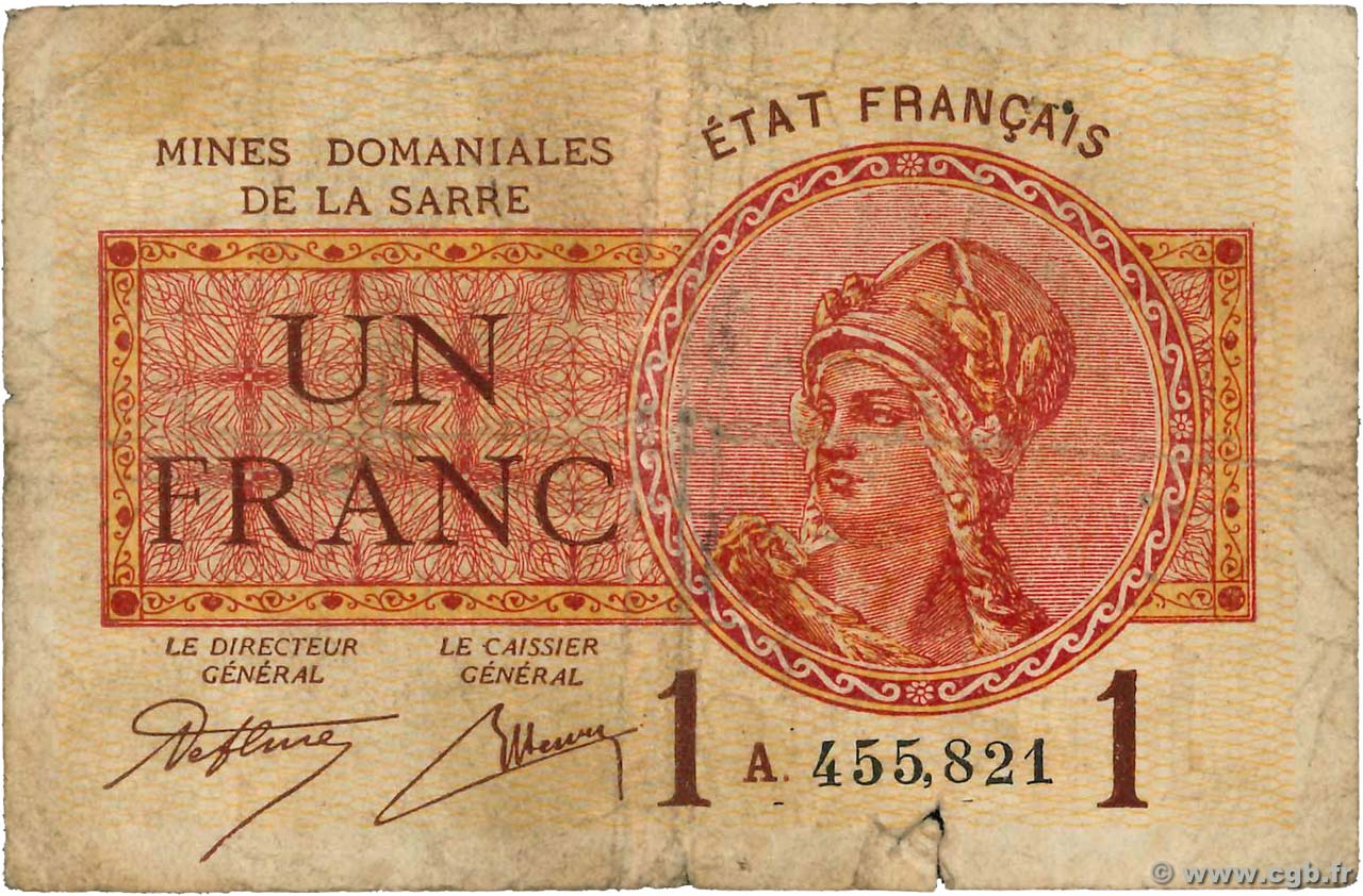 1 Franc MINES DOMANIALES DE LA SARRE FRANCIA  1919 VF.51.01 RC