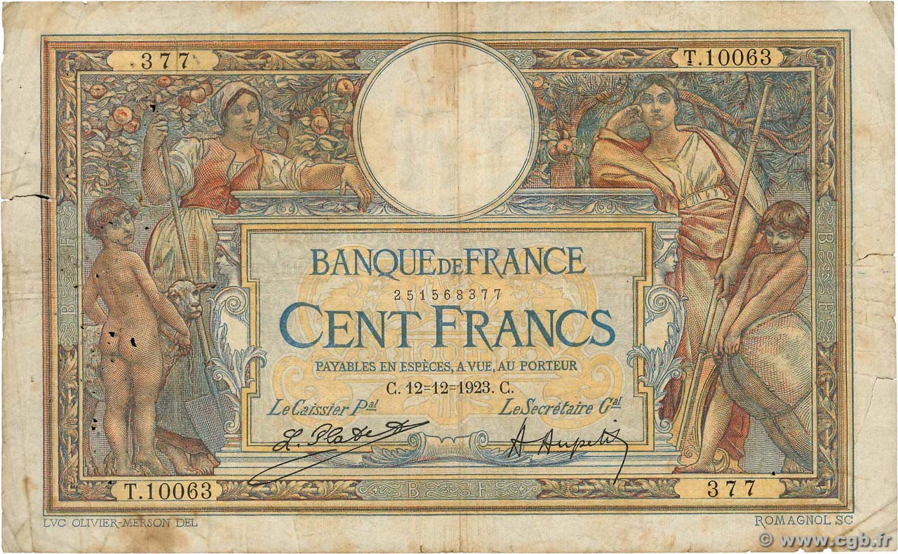 100 Francs LUC OLIVIER MERSON grands cartouches FRANKREICH  1923 F.24.01 SGE