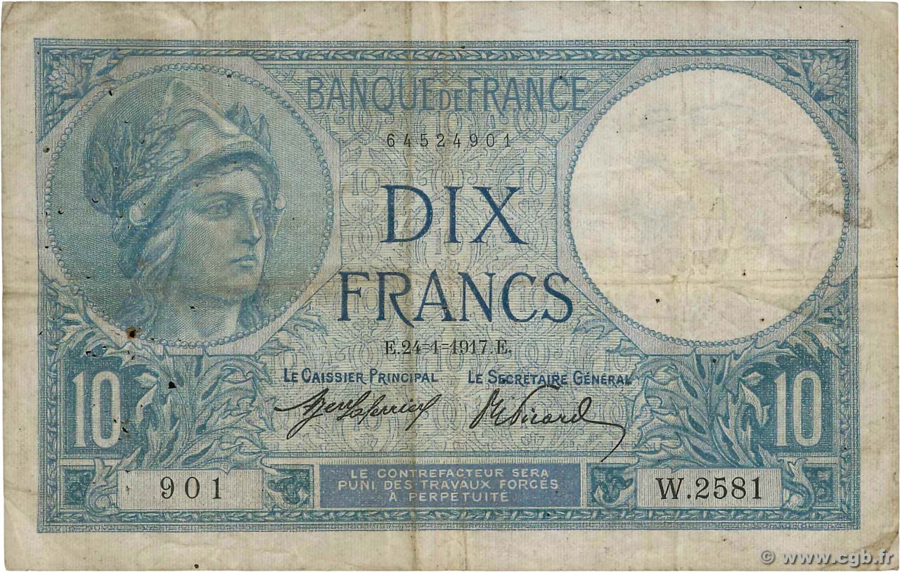 10 Francs MINERVE FRANCIA  1917 F.06.02 BC