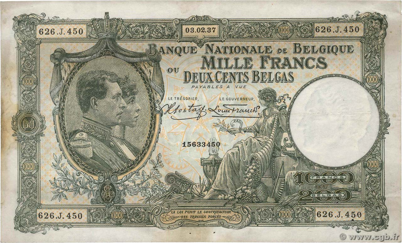 1000 Francs - 200 Belgas BELGIEN  1937 P.104 fSS