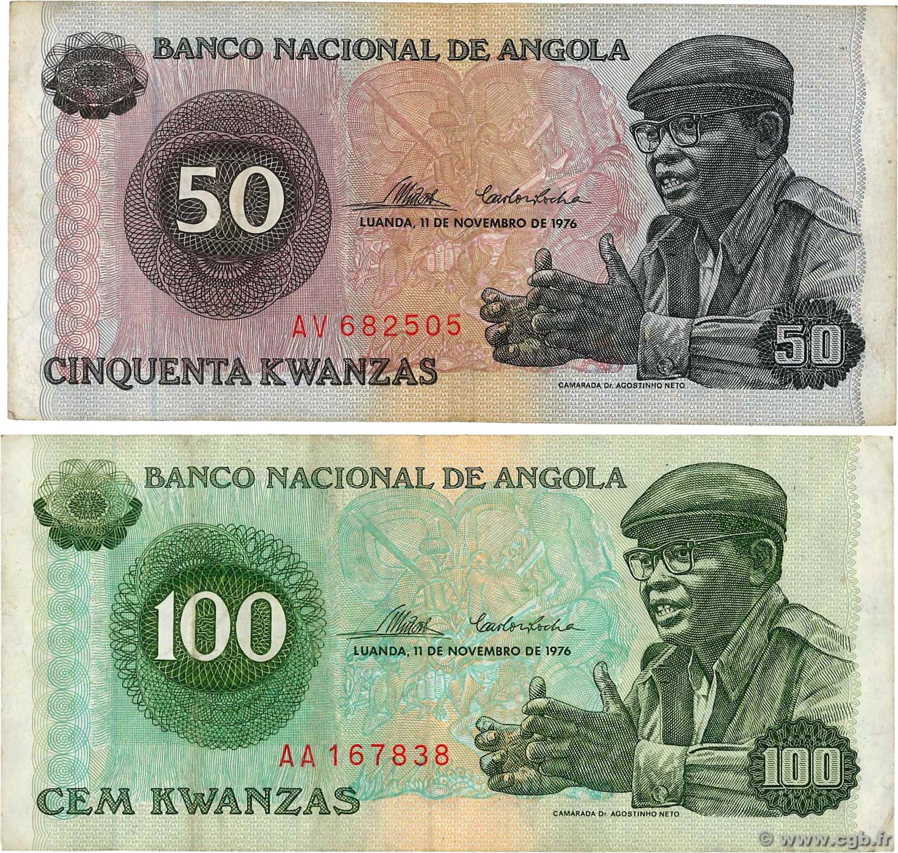 50 et 100 Kwanzas Lot ANGOLA  1976 P.110a et P.111a BC