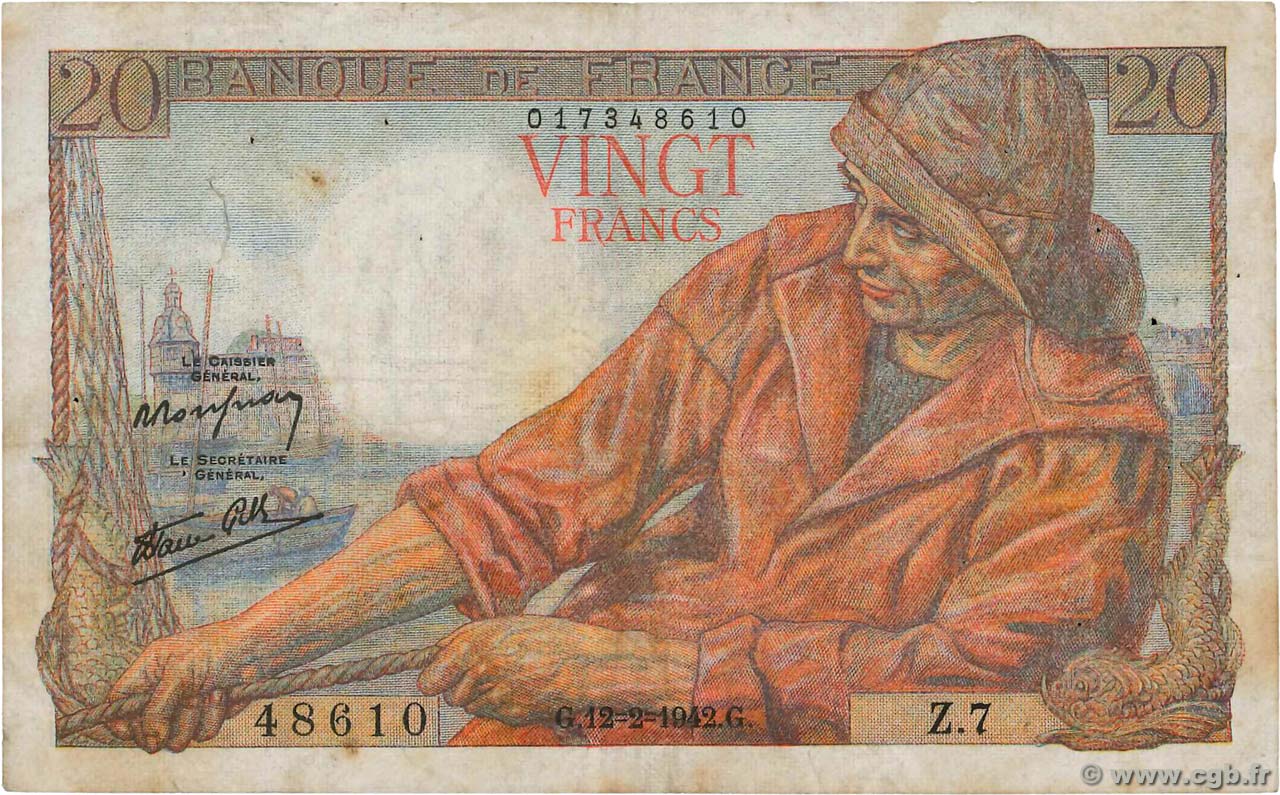 20 Francs PÊCHEUR FRANKREICH  1942 F.13.01 S