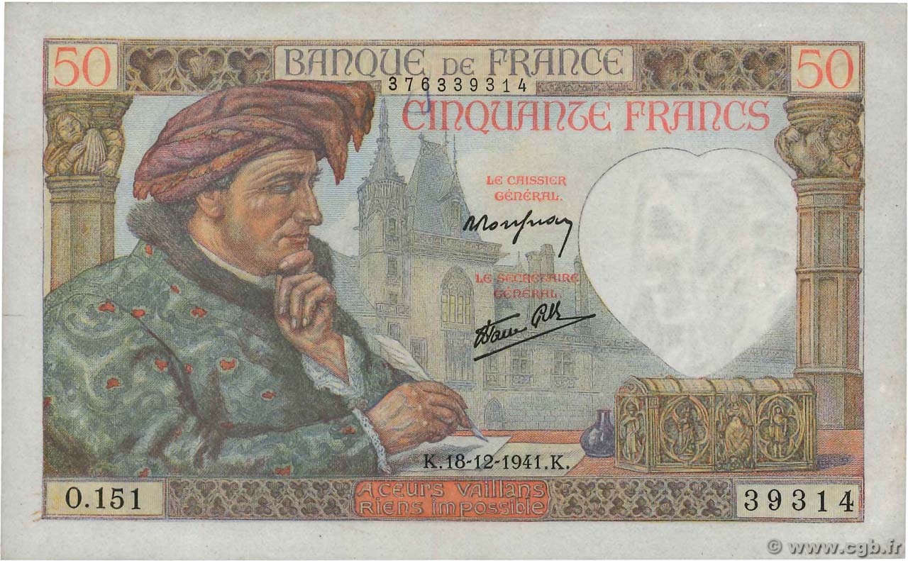50 Francs JACQUES CŒUR FRANCE  1941 F.19.17 XF-