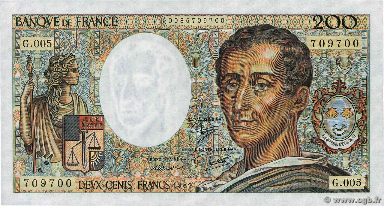200 Francs MONTESQUIEU FRANKREICH  1981 F.70.01 VZ