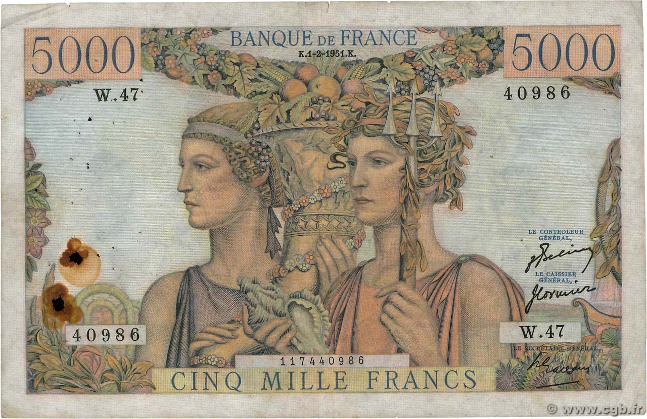 5000 Francs TERRE ET MER FRANCE  1951 F.48.03 TB