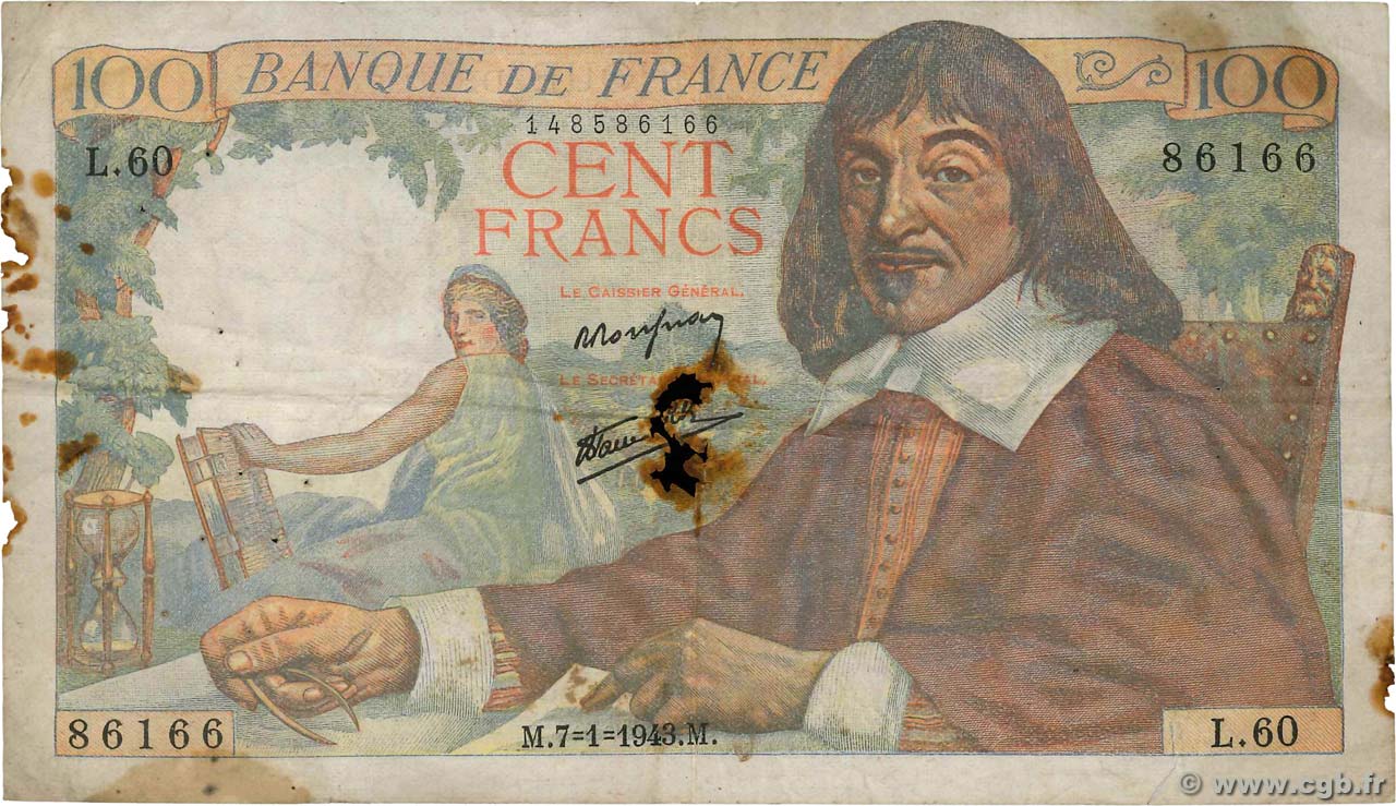 100 Francs DESCARTES FRANCE  1943 F.27.03 G