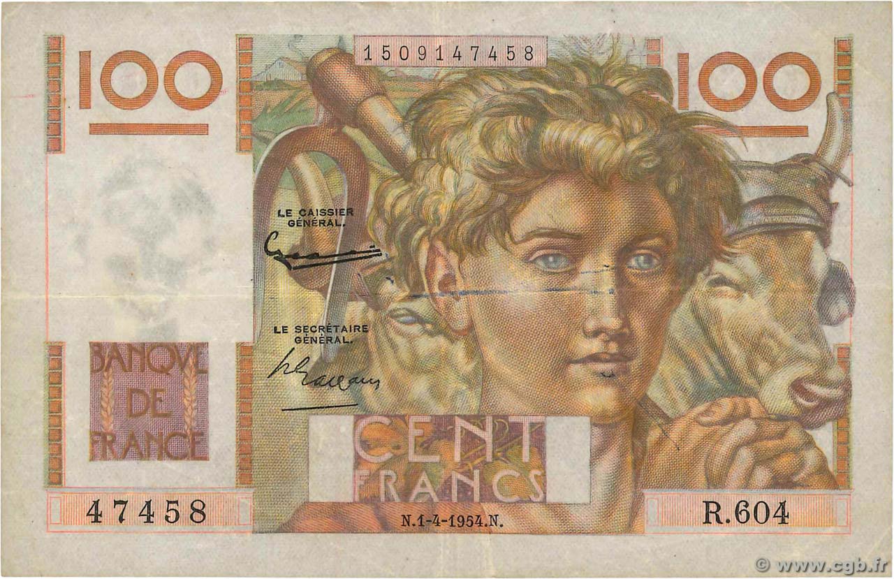 100 Francs JEUNE PAYSAN FRANCE  1954 F.28.43 F+