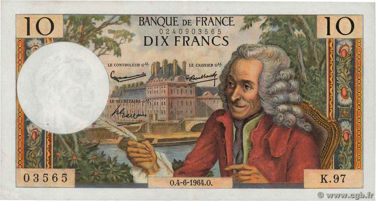 10 Francs VOLTAIRE FRANCE  1964 F.62.09 TTB