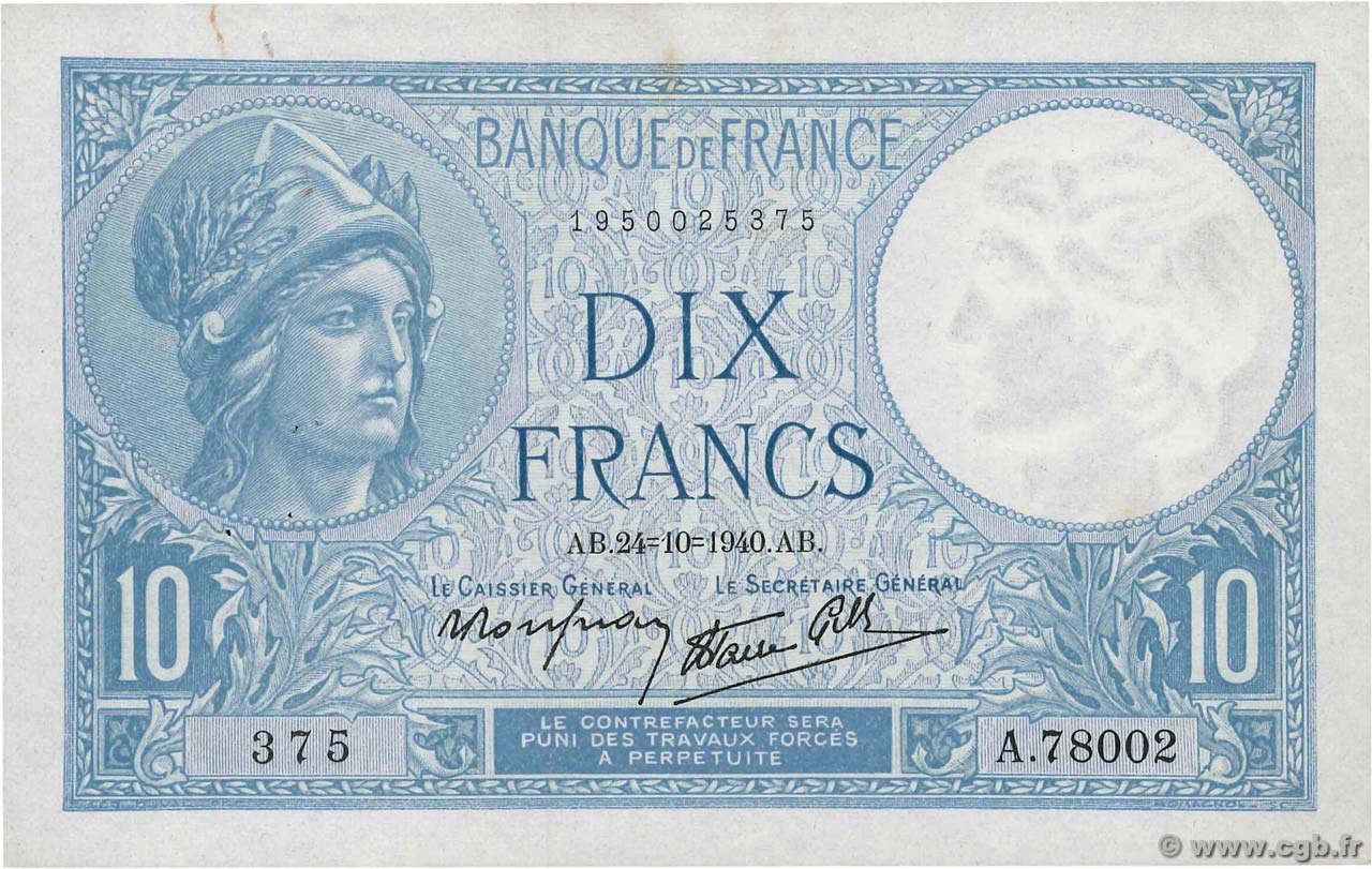 10 Francs MINERVE modifié FRANCE  1940 F.07.18 TTB
