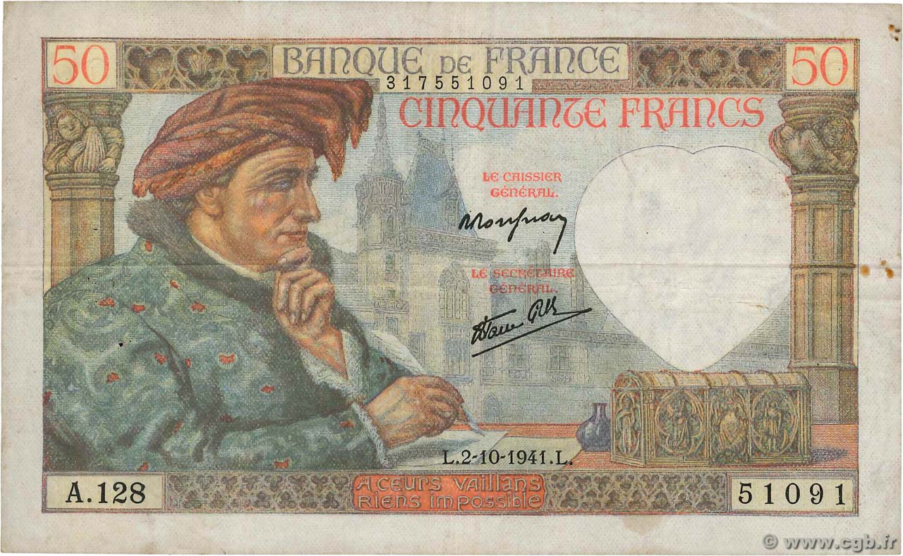 50 Francs JACQUES CŒUR FRANCE  1941 F.19.15 F