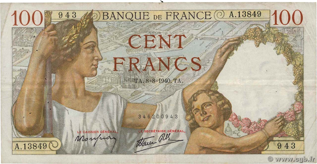 100 Francs SULLY FRANCE  1940 F.26.35 TB+