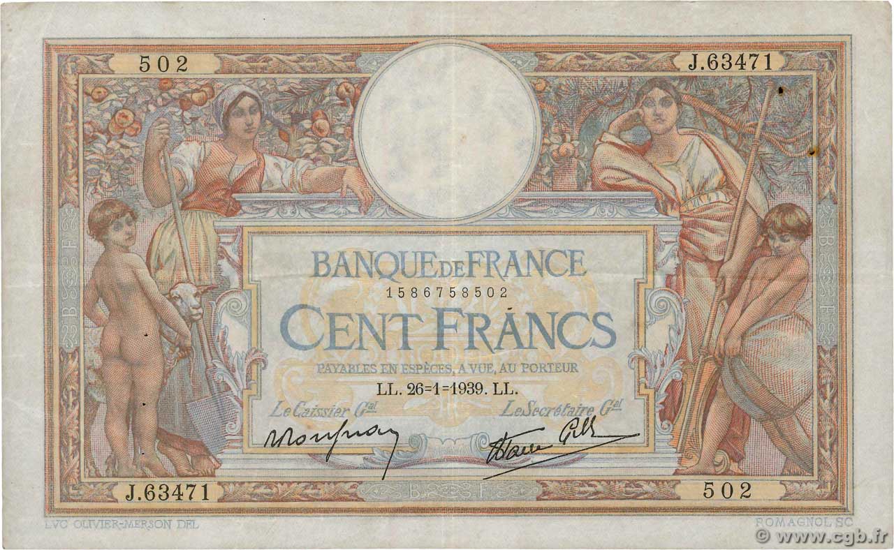100 Francs LUC OLIVIER MERSON type modifié FRANKREICH  1939 F.25.40 SS