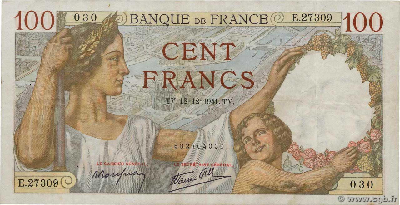 100 Francs SULLY FRANCE  1941 F.26.63 VF-