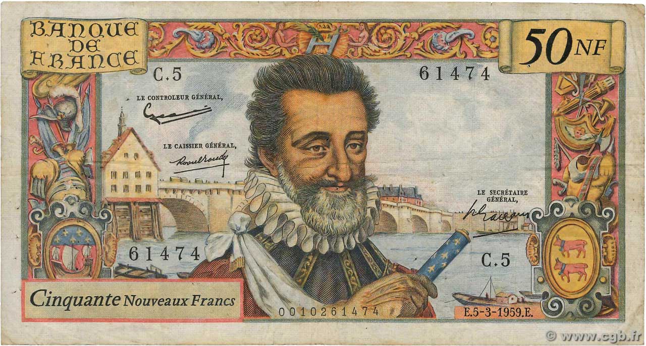 50 Nouveaux Francs HENRI IV FRANCIA  1959 F.58.01 MB
