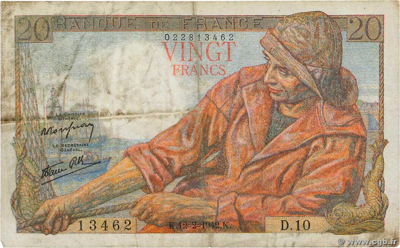20 Francs PÊCHEUR FRANCE  1942 F.13.01 TB