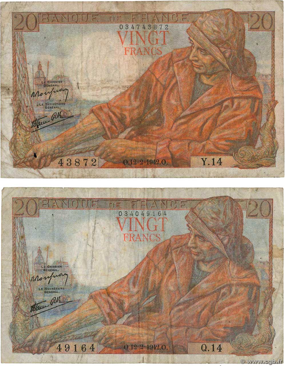 20 Francs PÊCHEUR Lot FRANCIA  1942 F.13.01 RC