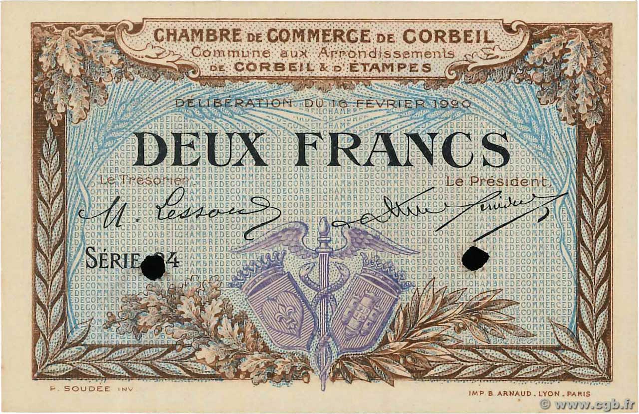 2 Francs Spécimen FRANCE regionalism and various Corbeil 1920 JP.050.06 UNC-