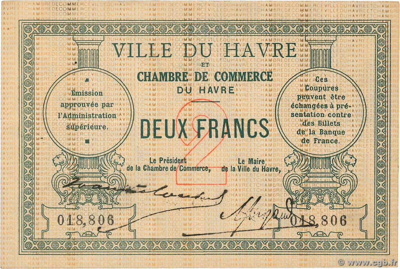 2 Francs Non émis FRANCE Regionalismus und verschiedenen Le Havre 1914 JP.068.07 SS
